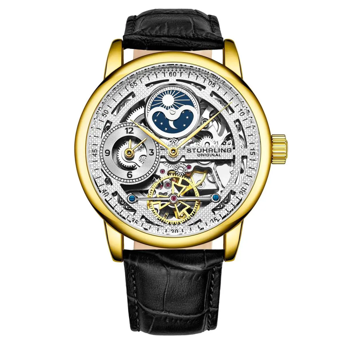 Stuhrling Legacy Black/leather/silver Dial/gold Case Silver Dial Wristwatch 3917.2