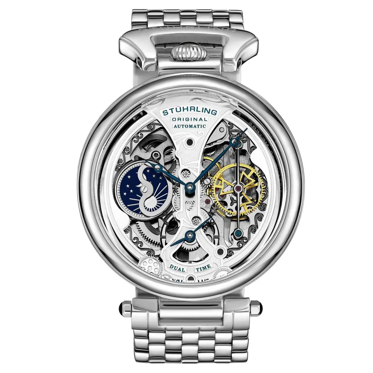 Stuhrling Emperor`s Grandeur Dual Time Automatic 46mm Skeleton Silver/stainless Steel Si - Dial: Gray, Band: Silver