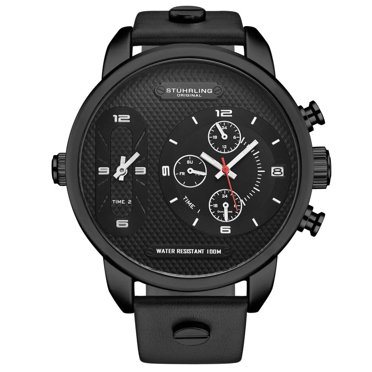 Stuhrling Global Gmt Japanese Quartz 52mm Black/leather Black Dial Wristwatch 4052.2