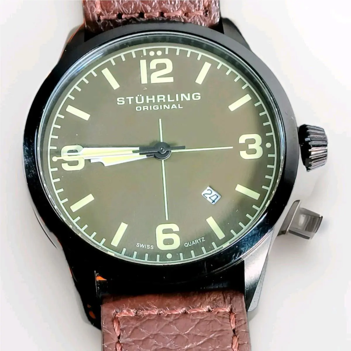 Stuhrling St Hrling Men`s Field Watch Swiss Court Black Dial Brown Leather Strap