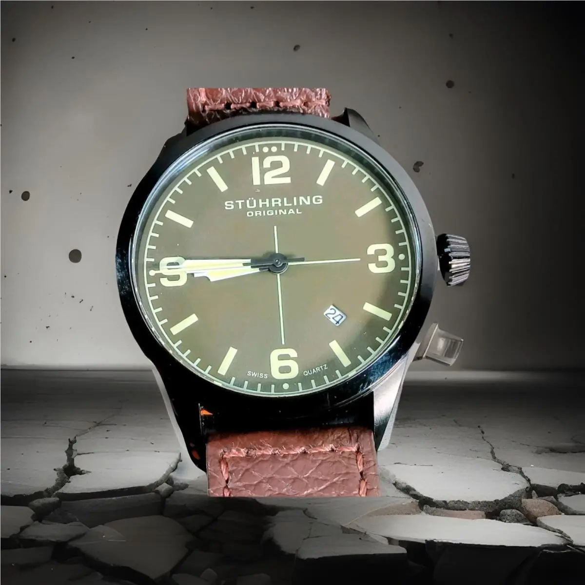 Stührling Men`s Field Watch Swiss Court Black Dial Brown Leather Strap