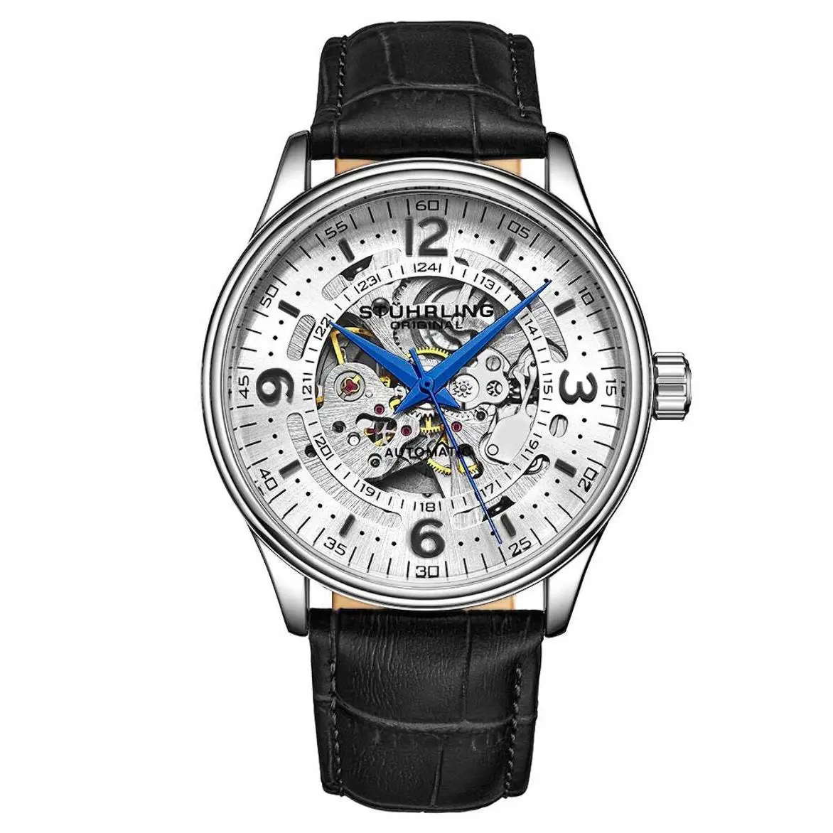 Stuhrling Denmark 3947 Automatic 42mm Skeleton Black/leather Silver Dial Wristwatch 3947