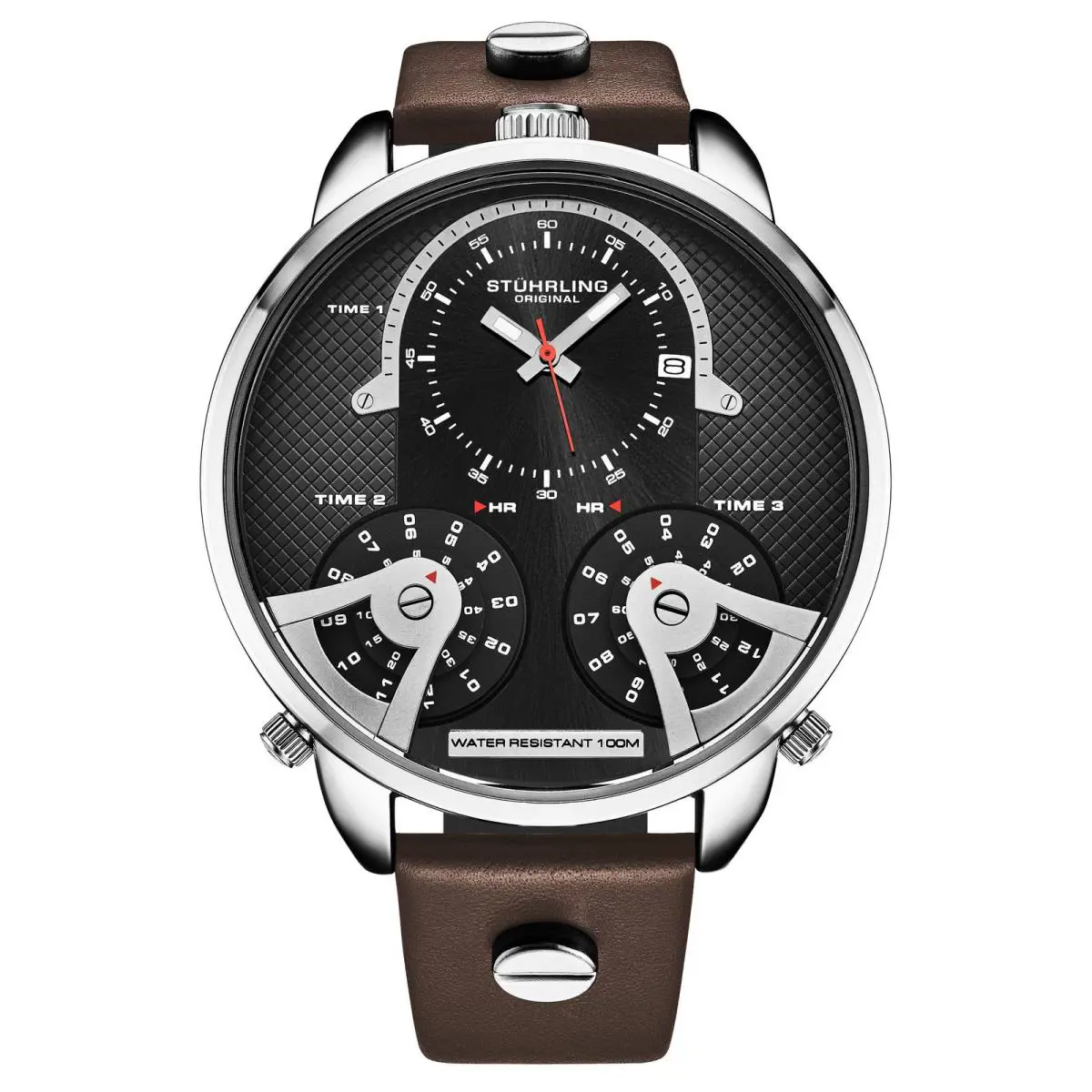 Stuhrling Terratime Triple-time Quartz 50mm Brown/black Black Dial Wristwatch 4051.1