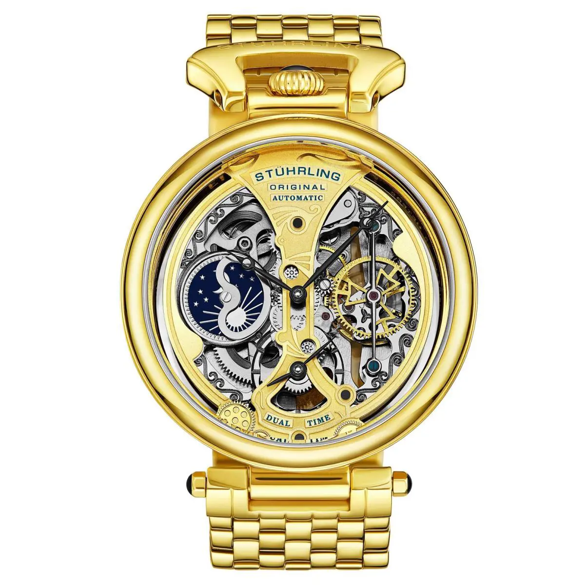 Stuhrling Emperor`s Grandeur 4003 Dual Time Automatic 46mm Skeleton Gold/bracelet Gold D