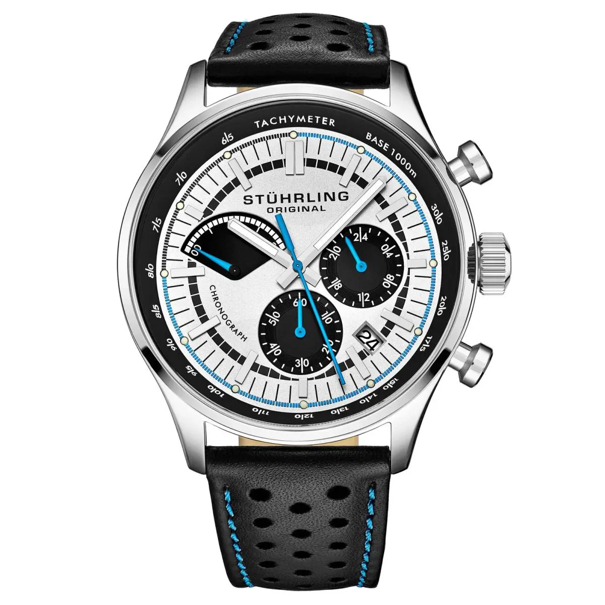 Stuhrling Monaco Black/leather/silver Dial/silver Case Silver Dial Wristwatch 934.01 - Dial: Gray, Band: Black