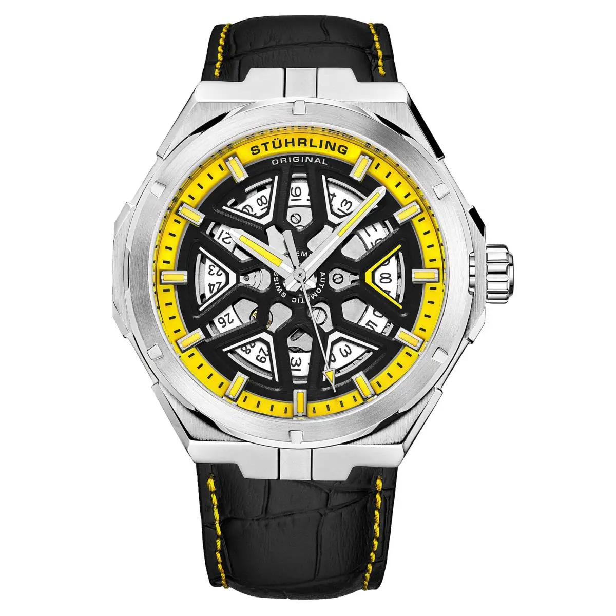 Stuhrling Legacy Black/yellow Leather Yellow Dial Wristwatch 379.03