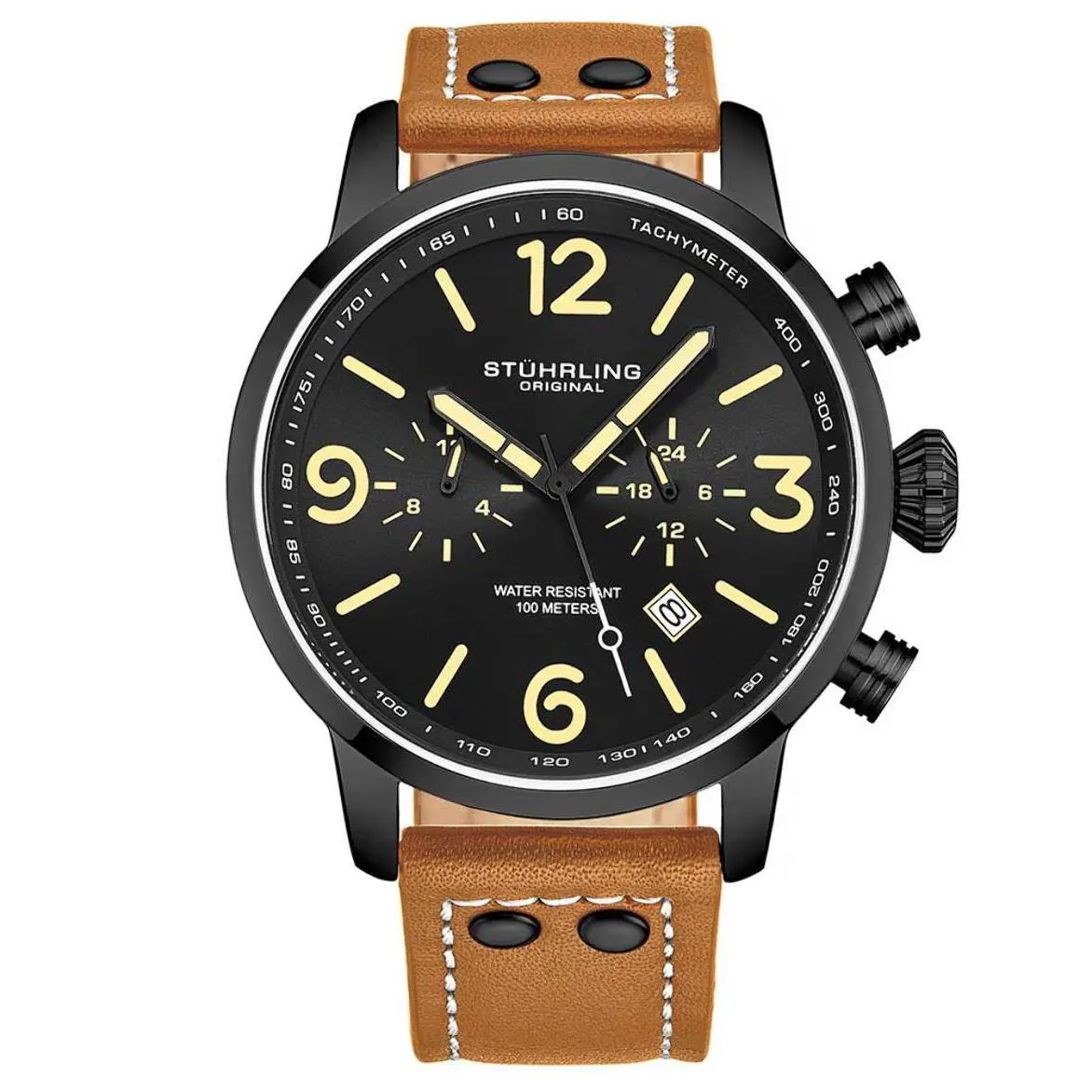 Stuhrling Aviator Black Dial / Tan Leather Black Dial Wristwatch 3956.4