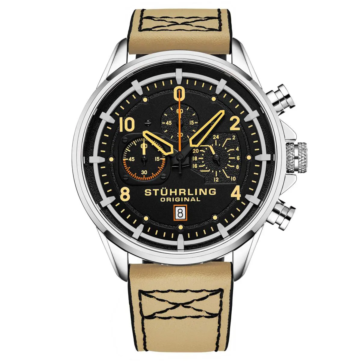 Stuhrling Aviator 929 Beige/leather Black Dial Wristwatch 929.01