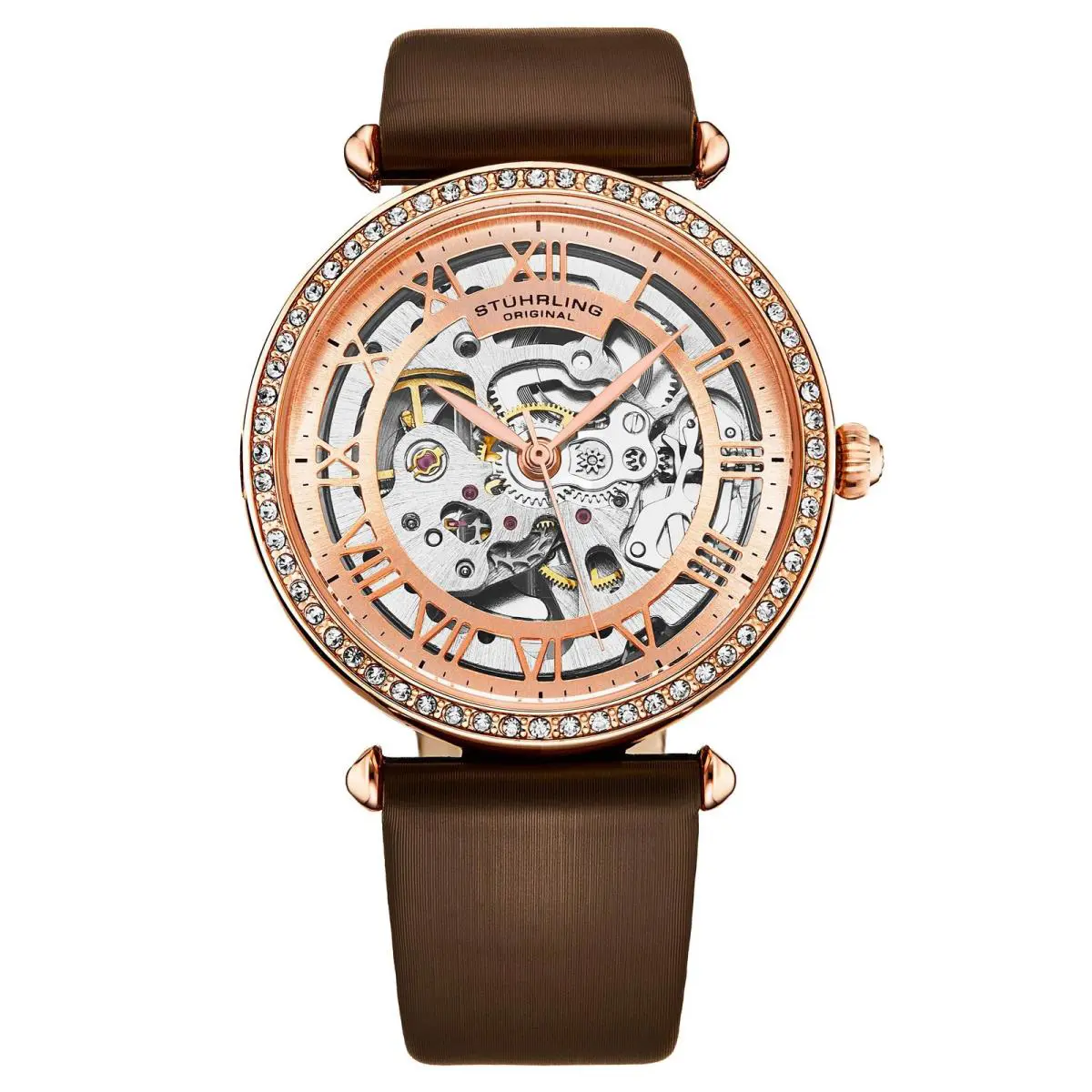 Stuhrling Luxe Automatic Skeleton Brown/leather Rose Dial Wristwatch 4022.4 - Dial: Red, Band: Brown