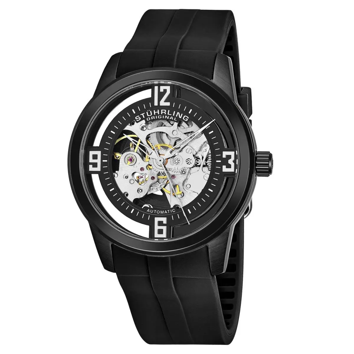 Stuhrling Legacy Black/black Rubber Skeleton Dial Wristwatch 877C.07 - Dial: Other, Band: Black