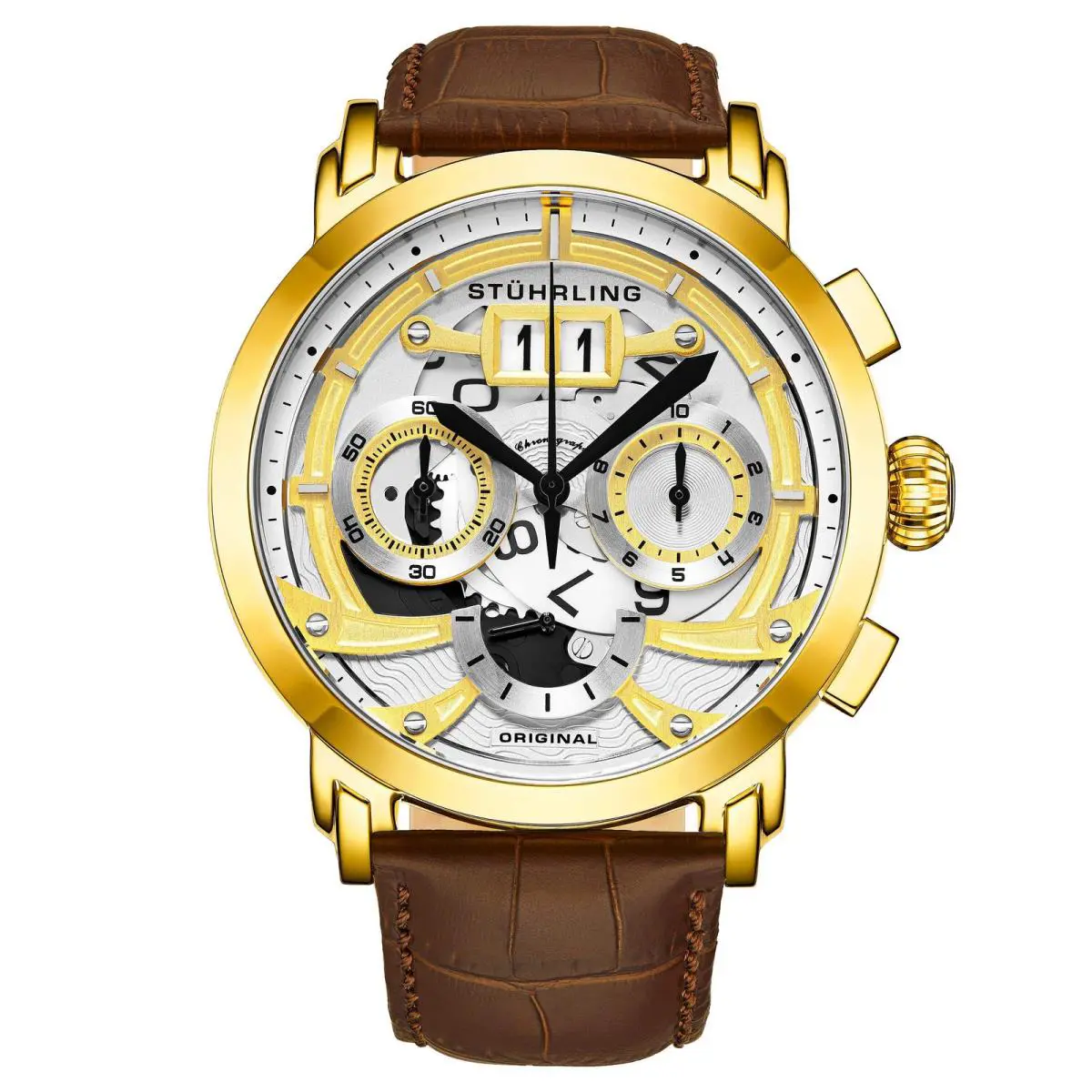 Stuhrling Monaco Brown/leather/white Dial/gold Case White Dial Wristwatch 926.03