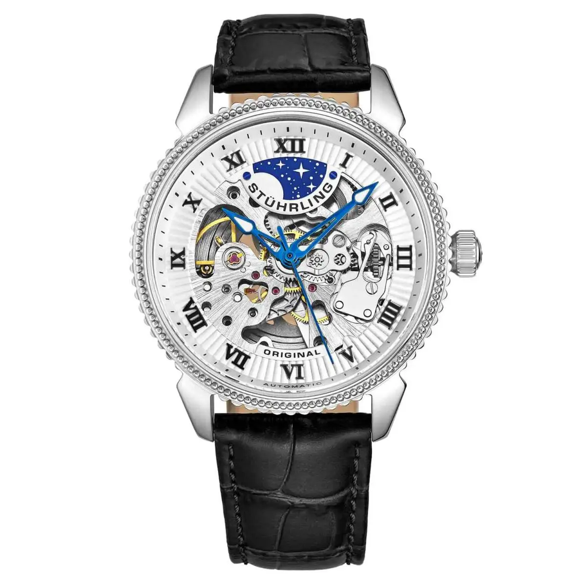 Stuhrling Legacy Black/leather/white Dial/silver Case White Dial Wristwatch 3983.1