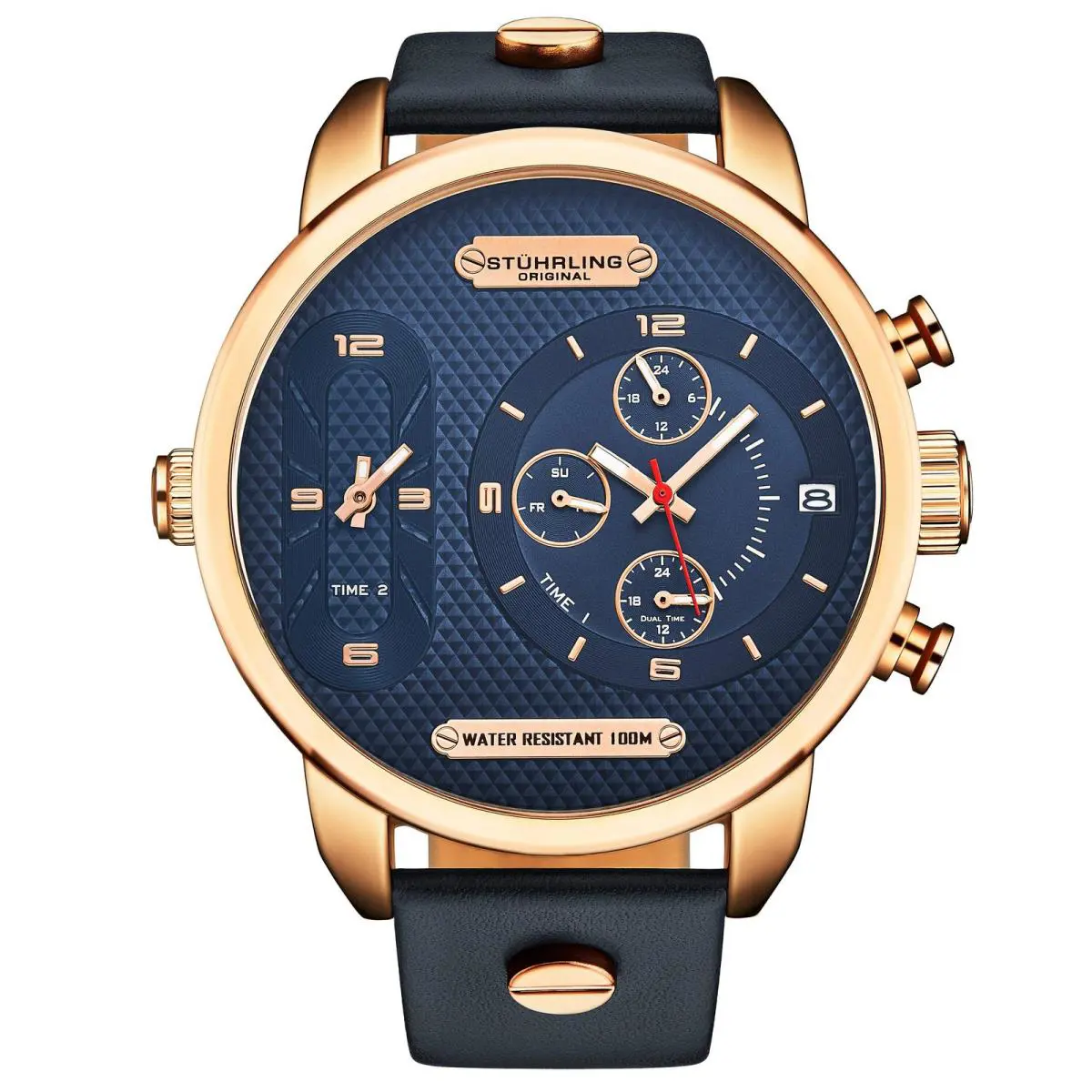 Stuhrling Global Gmt Japanese Quartz 52mm Blue/rose Blue Dial Wristwatch 4052.3