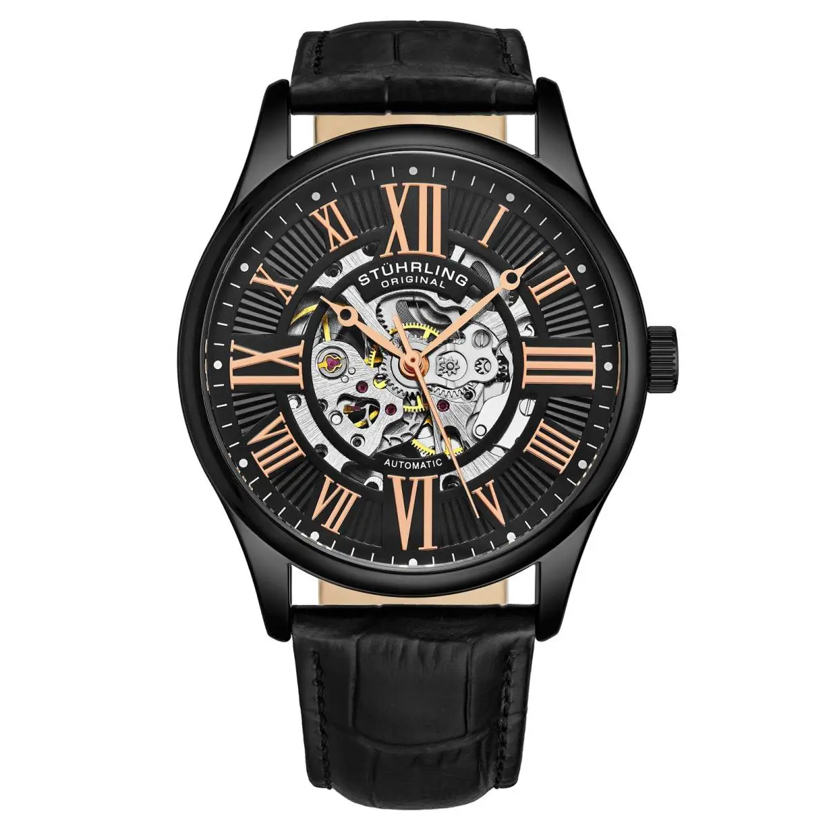 Stuhrling Atrium 3942 Automatic 42mm Skeleton Black/leather Black Dial Wristwatch 3942.3