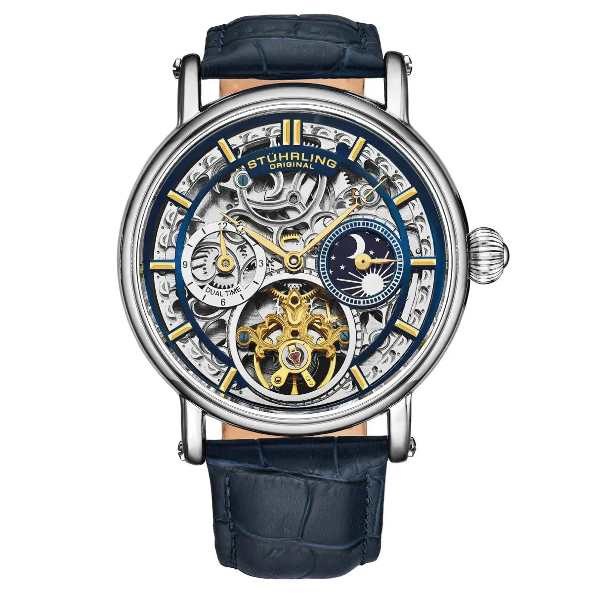 Stuhrling Legacy Silver Case/leather Strap/ Brass Dial Blue Dial Wristwatch 4000.3 - Dial: Blue, Band: Blue