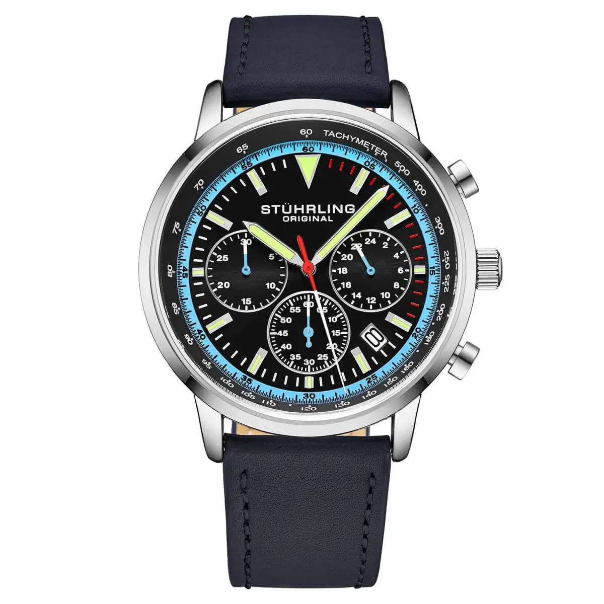 Stuhrling Monaco Black Dial/ Blue Leather Black Dial Wristwatch 3986L.2