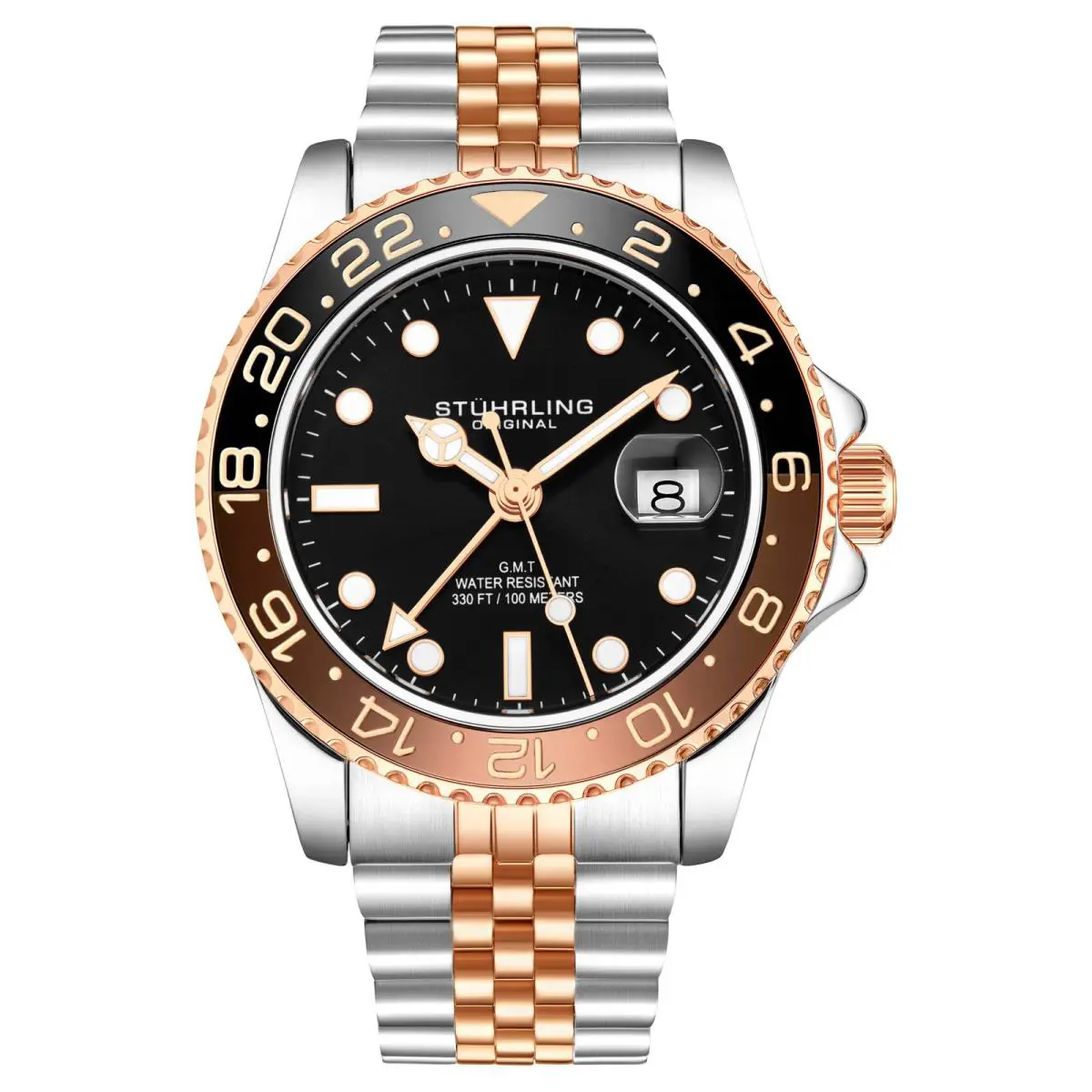 Stuhrling Aquadiver Gmt Two Tone / Silver + Rose Gold Black Dial Wristwatch 3968.4