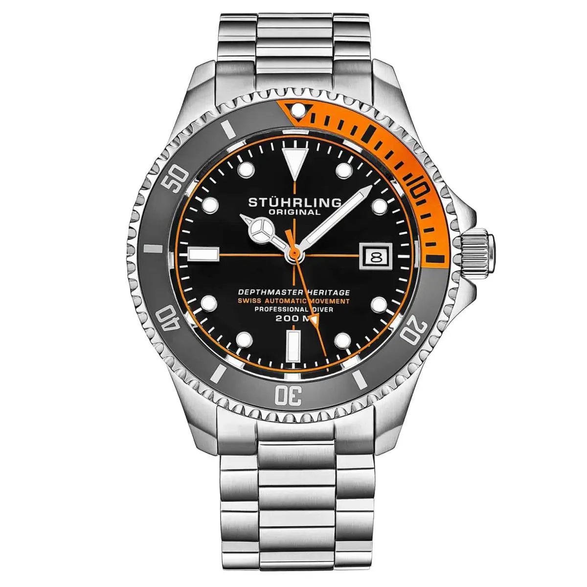 Stuhrling Aquadiver Black Dial/ Silver Stainless Steel Orange Black Dial Wristwatch 883H