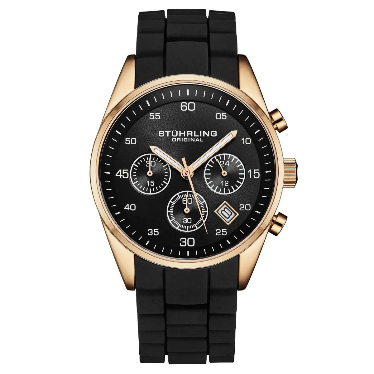 Stuhrling Tempo Chronograph 42mm Black/rose/rubber Black Dial Wristwatch 4057.4