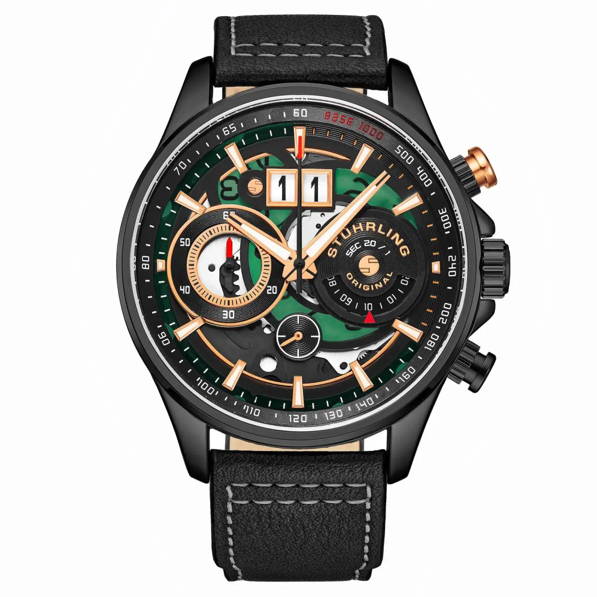 Stuhrling Ace Aviator Chronograph Tachymeter Quartz 45mm Black Black/leather Black Dia - Dial: Black, Band: Black