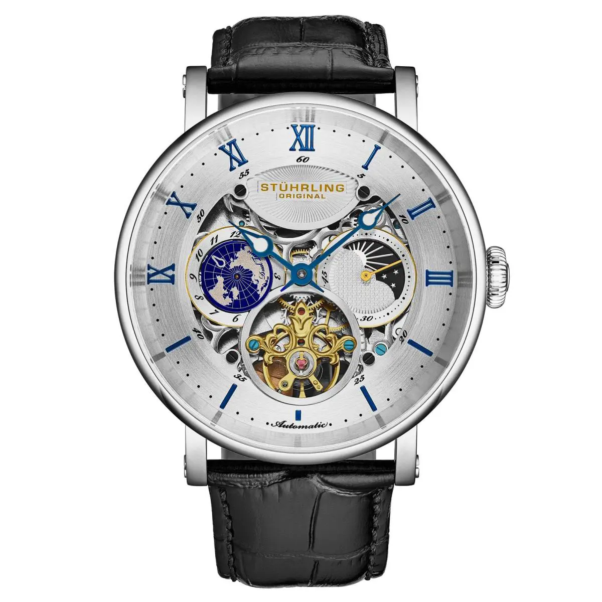 Stuhrling Dual Time Automatic Majestic 47mm Skeleton Black/silver White Dial Wristwatch