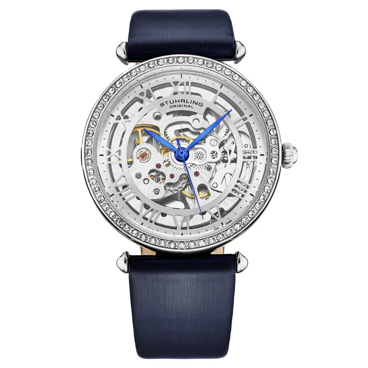 Stuhrling Luxe Automatic Skeleton Blue/leather Silver Dial Wristwatch 4022.2 - Dial: Gray, Band: Blue