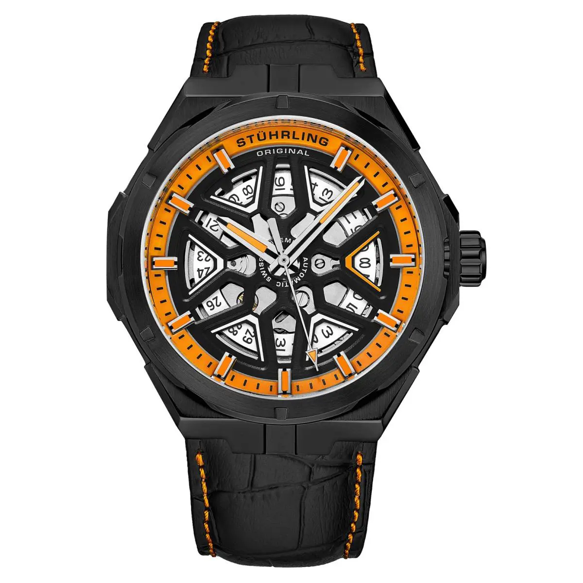 Stuhrling Legacy Black/black Orange Leather Black Orange Dial Wristwatch 379.06C