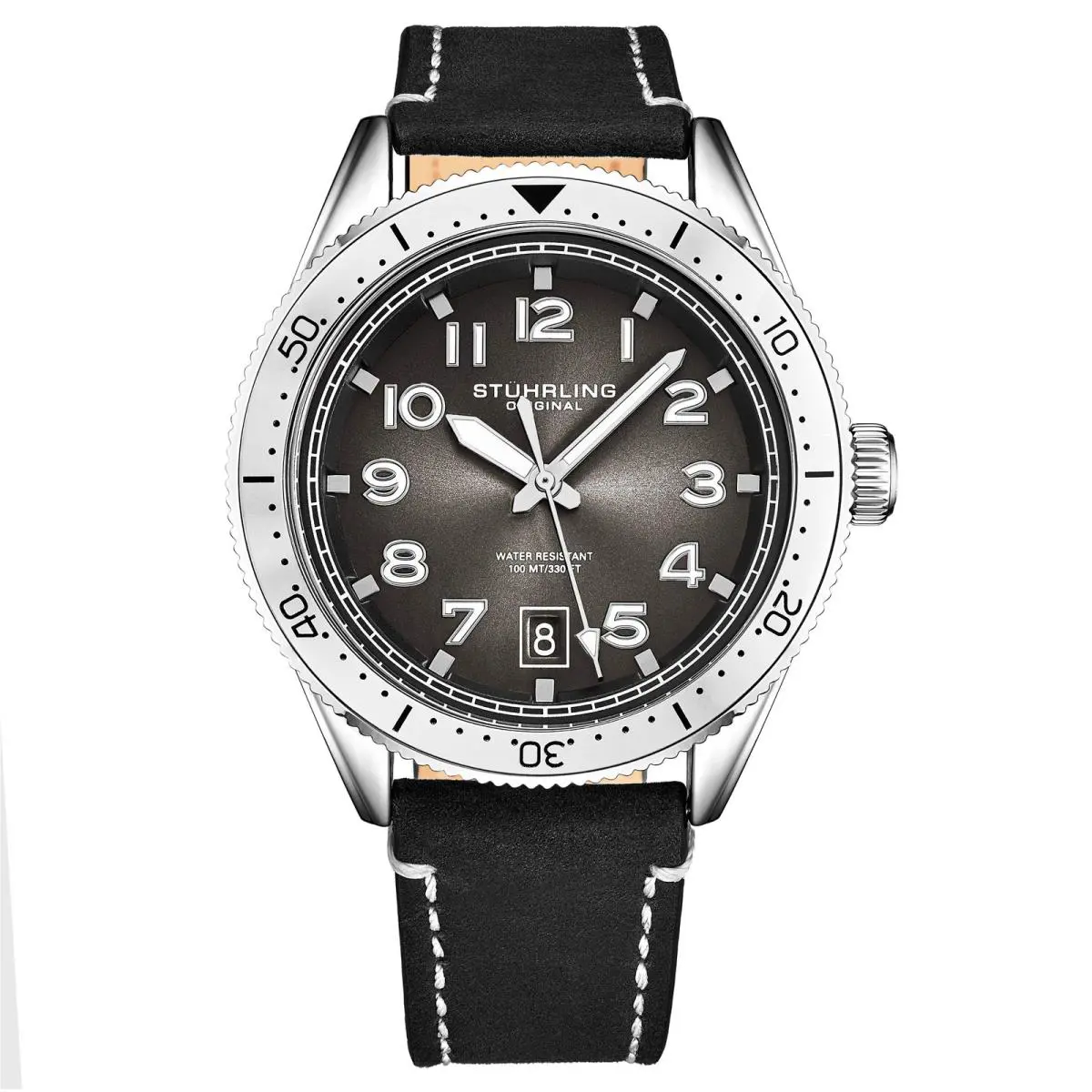 Stuhrling Monaco Black/leather/black Dial/silver Case Black Dial Wristwatch 3989.3