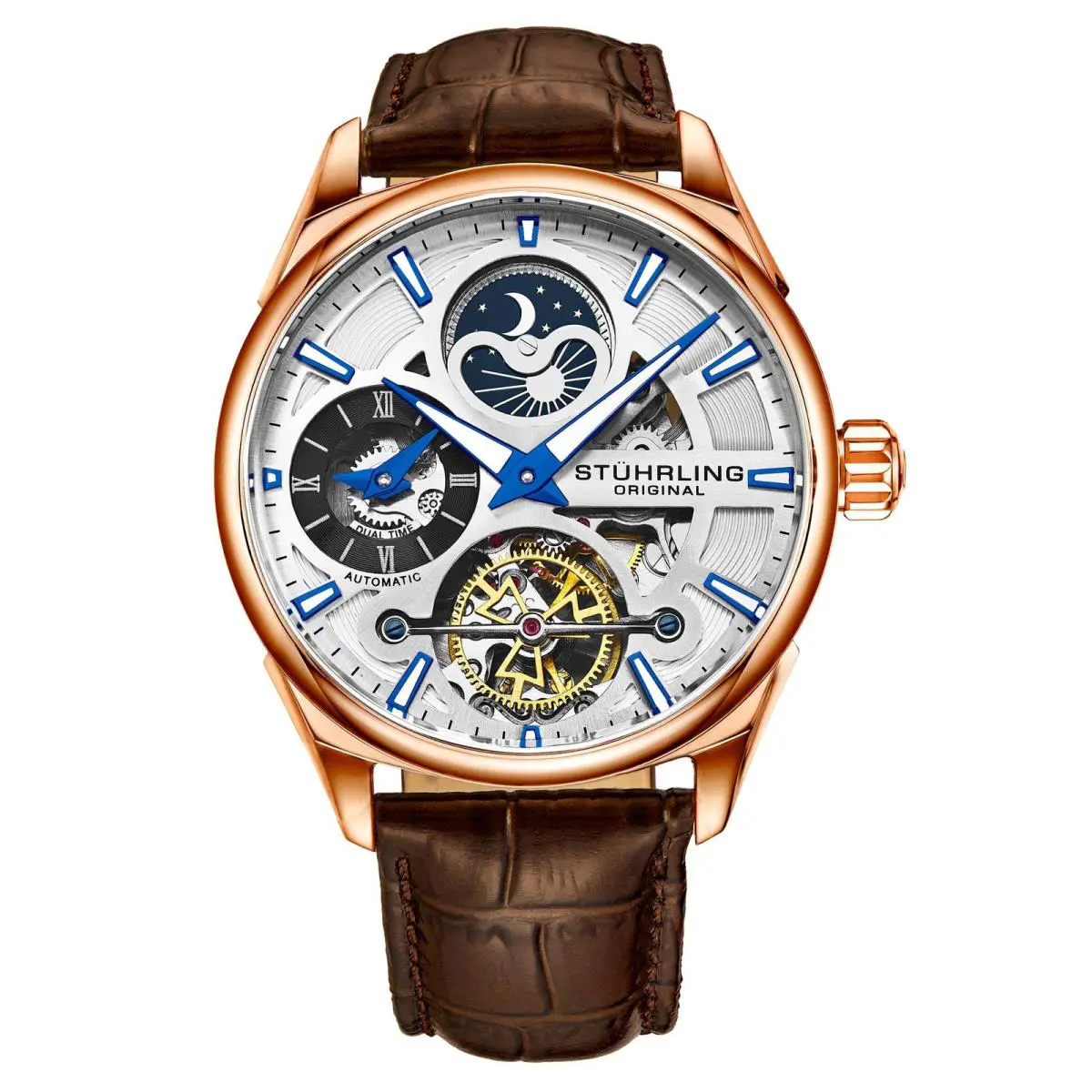 Stuhrling Legacy Brown/leather/silver Dial/rose Case Silver Dial Wristwatch 3918.4 - Dial: Gray, Band: Brown