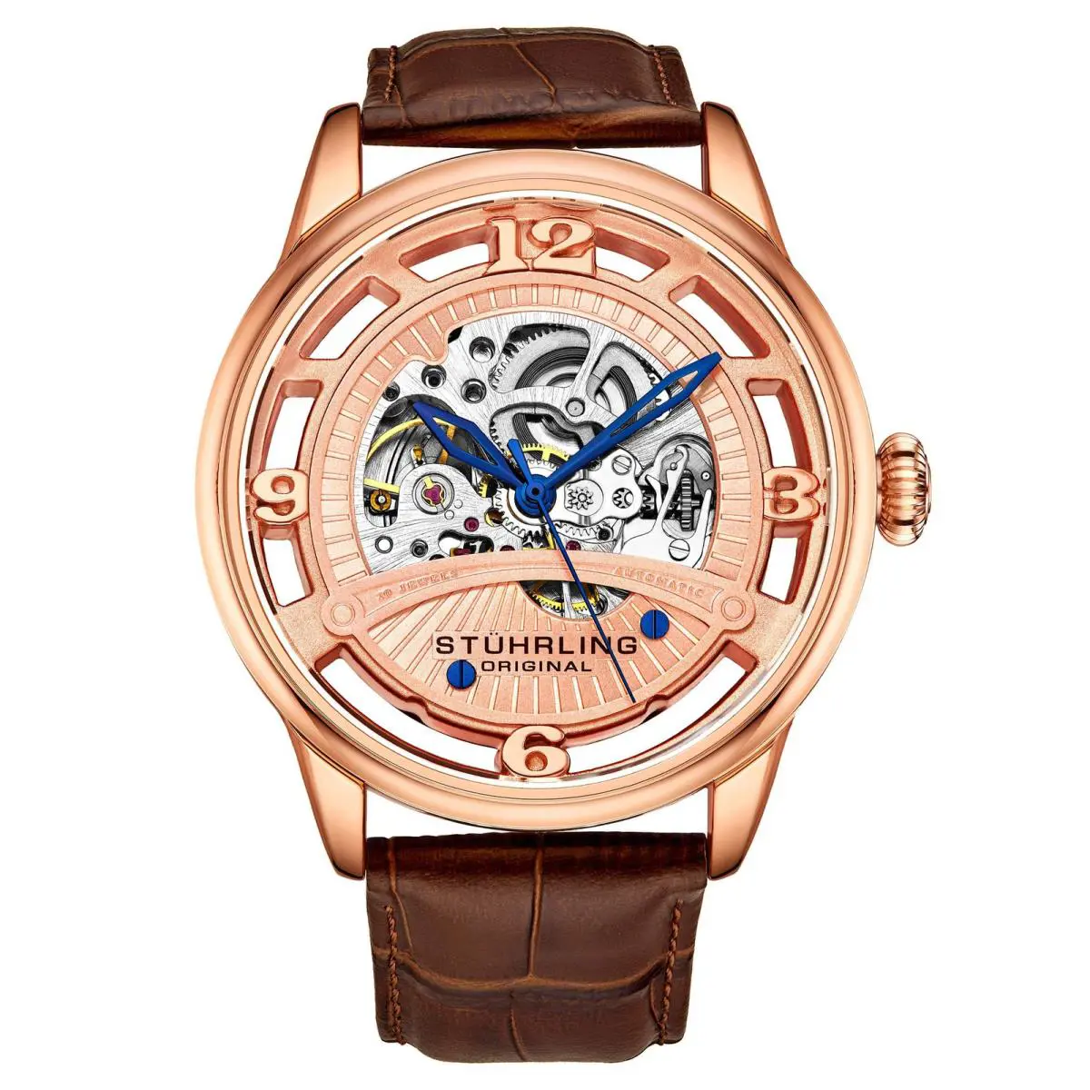 Stuhrling Legacy Brown/semi-transparent Leather Semi-transparent Dial Wristwatch 3974.3
