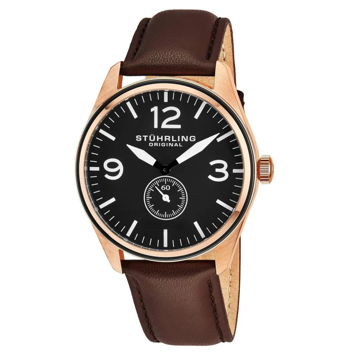 Stuhrling Aviator Brown/leather/black Dial/rose Case Black Dial Wristwatch 931.03