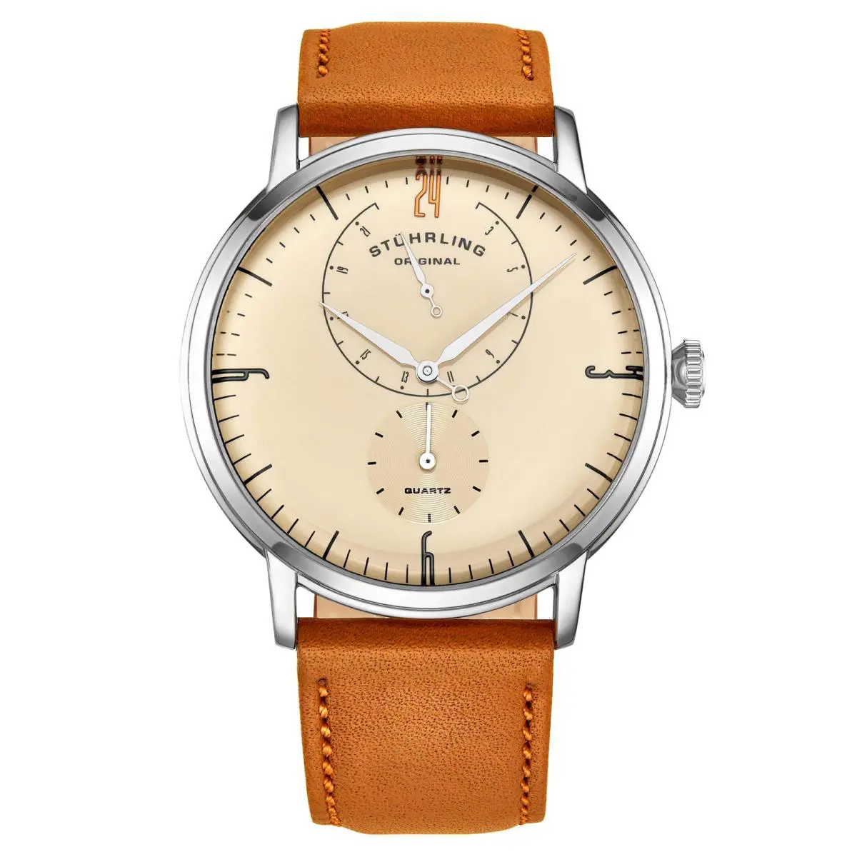 Stuhrling Symphony Orange/leather/off White Dial/silver Case Ivory Dial Wristwatch 3969 - Dial: White