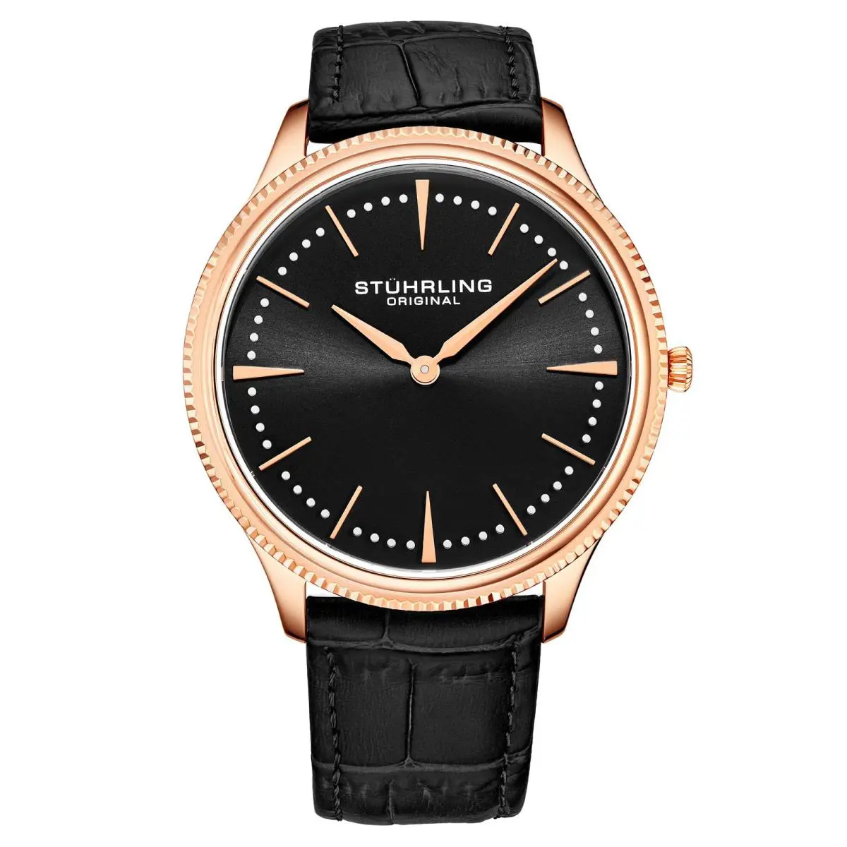 Stuhrling Symphony Black/leather/black Dial/rose/rose Case Black Dial Wristwatch 3984.4