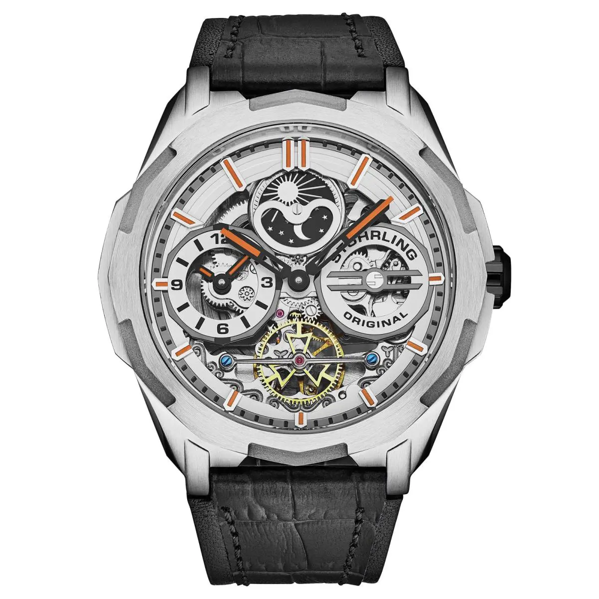 Stuhrling Dual Time Automatic Navigator 46mm Skeleton Silver/leather Silver Dial Wristwa