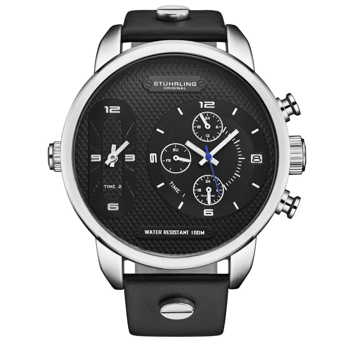 Stuhrling Global Gmt Japanese Quartz 52mm Black/silver Black Dial Wristwatch 4052.1