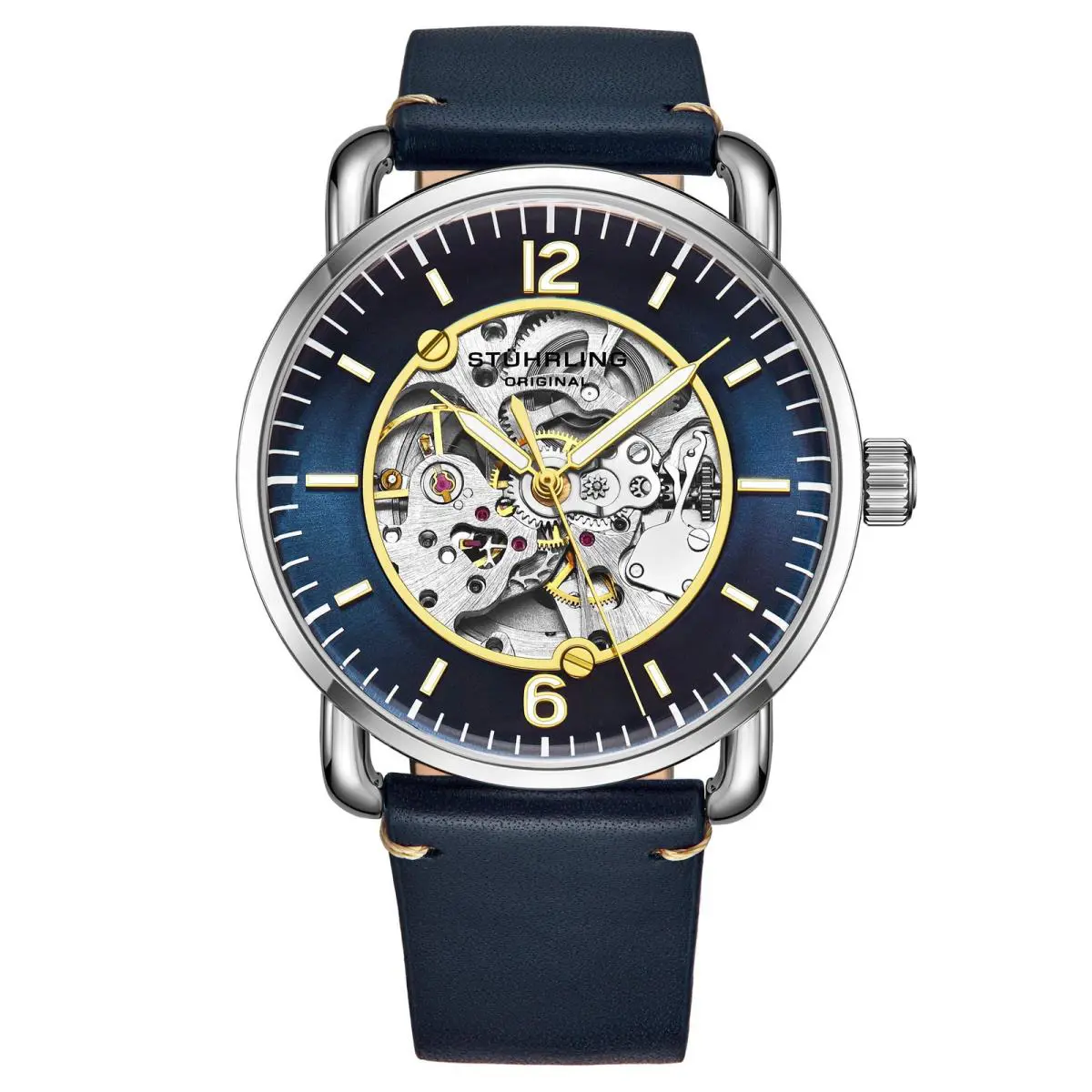 Stuhrling Legacy Blue/blue/gold Leather Skeleton Dial Wristwatch 3972.1