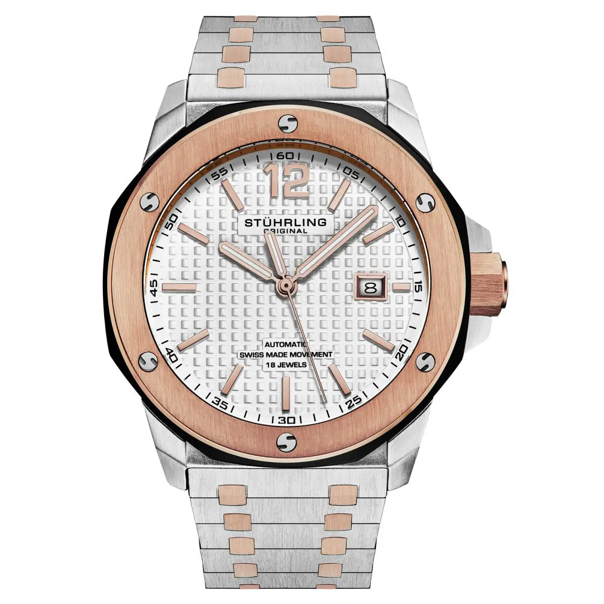 Stuhrling Fortitude Automatic 44mm Rose/silver White Dial Wristwatch 4047.7