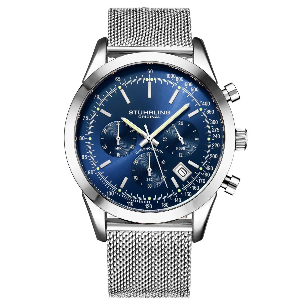 Stuhrling Rialto Quartz Chronograph with Tachymeter 44mm Watch Blue/silver Blue Dial Wri