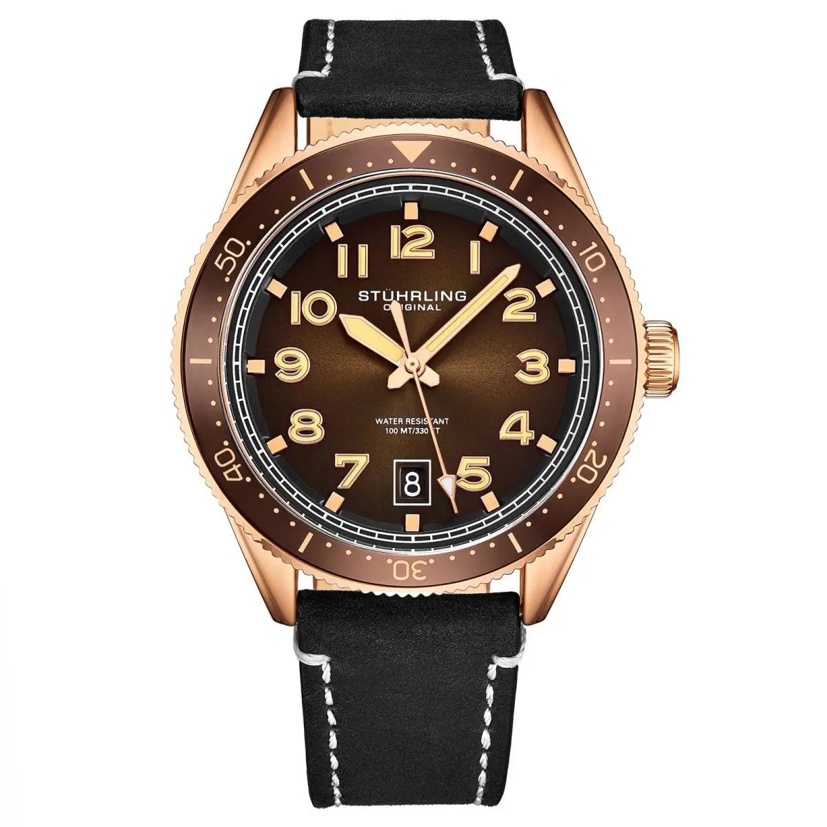 Stuhrling Monaco Black/leather/brown Dial/rose Case Brown Dial Wristwatch 3989.4