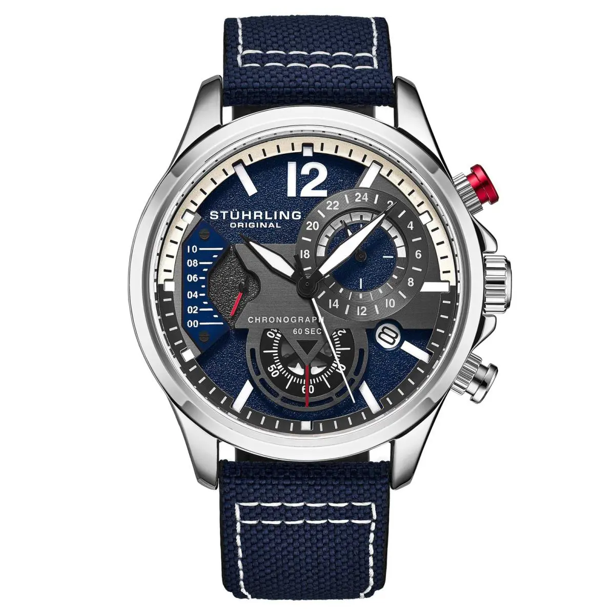 Stuhrling Cordura Quartz 45mm Aviator Blue/leather Blue Dial Wristwatch 908.02 - Dial: Blue, Band: Blue