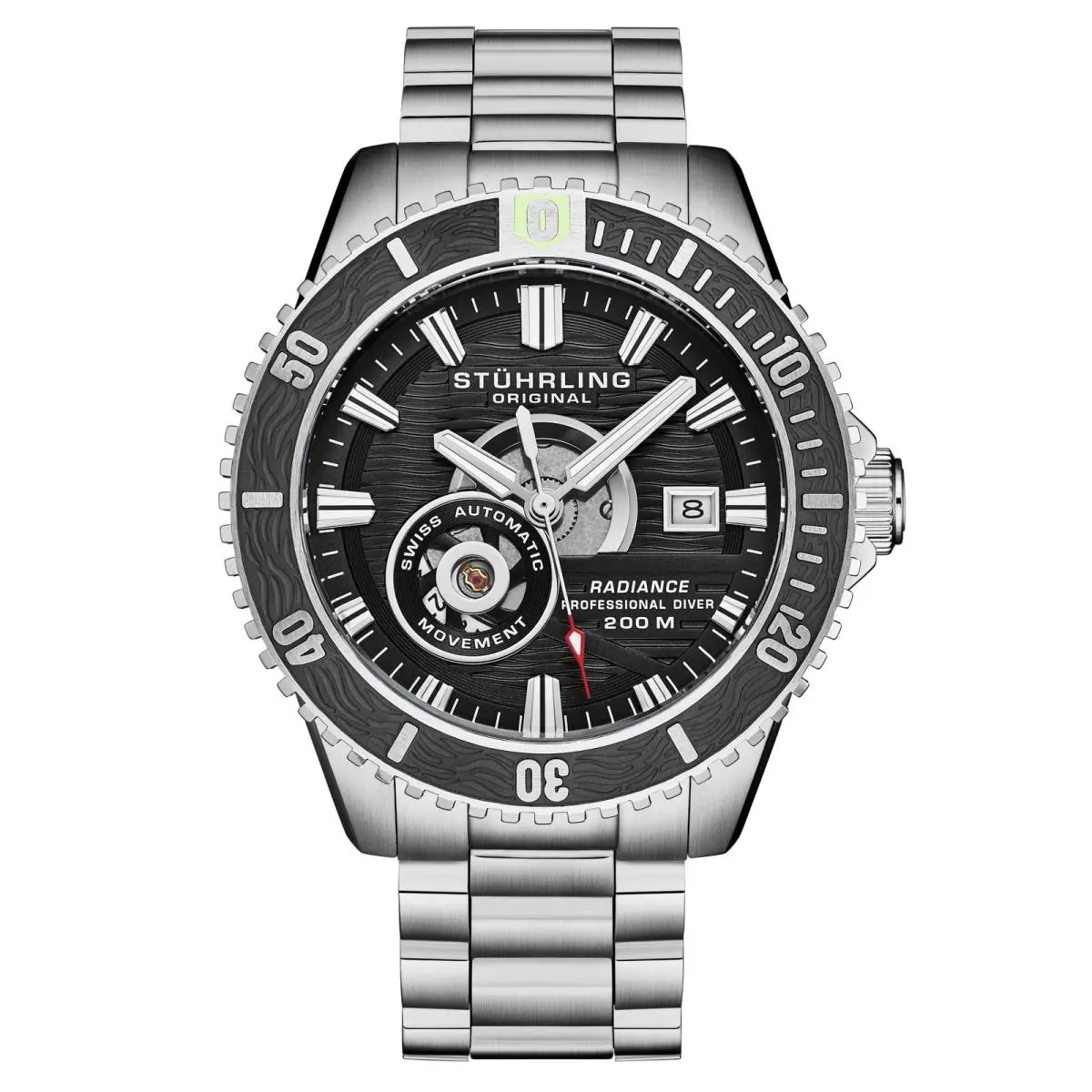 Stuhrling Radiance Automatic 44mm Skeleton Black/silver Black Dial Wristwatch 1013.01 - Dial: Black, Band: Silver