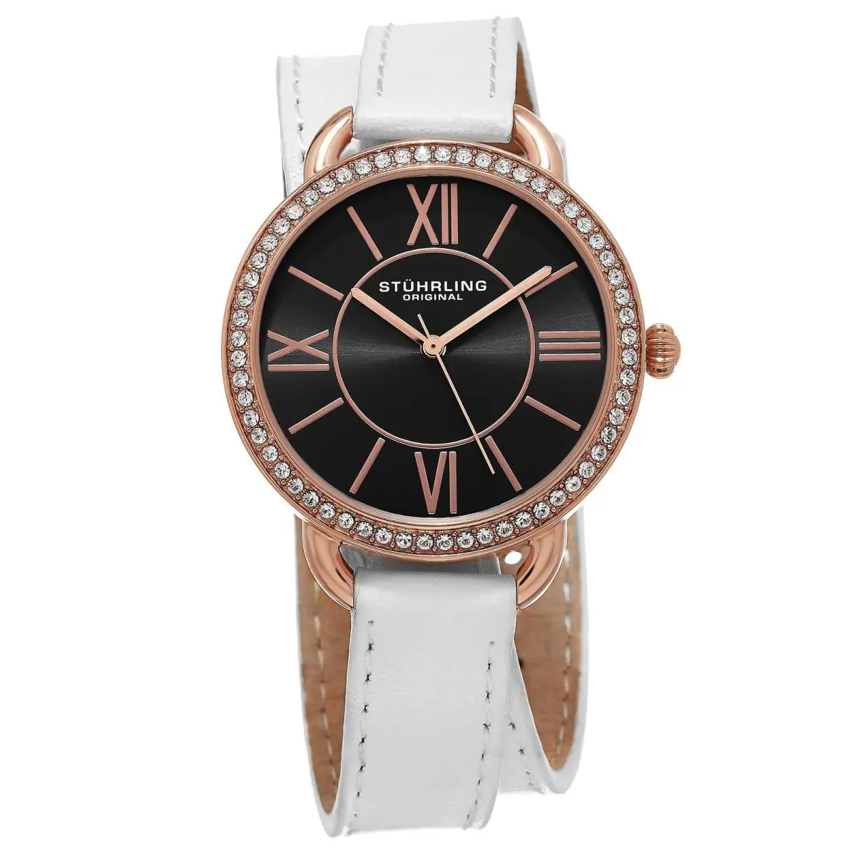 Stuhrling Vogue White Leather Black Dial Wristwatch 587.05 - Dial: Black, Band: White