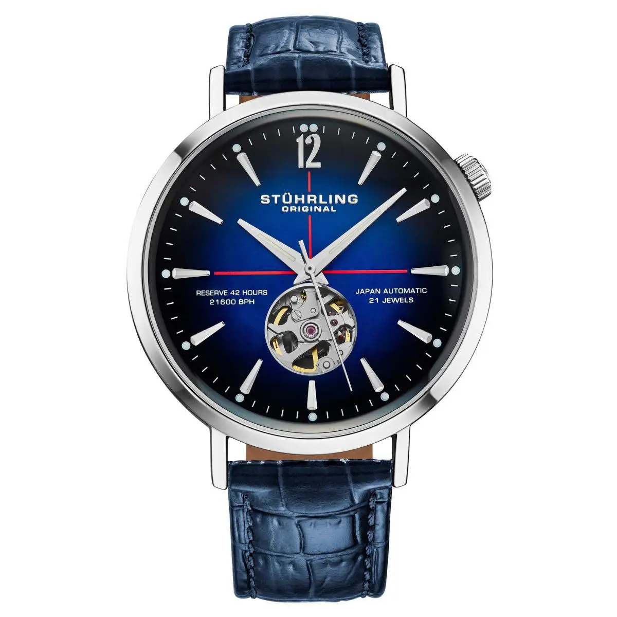 Stuhrling Quasar Skeleton Automatic 42mm Blue/leather Blue Dial Wristwatch 1021.02