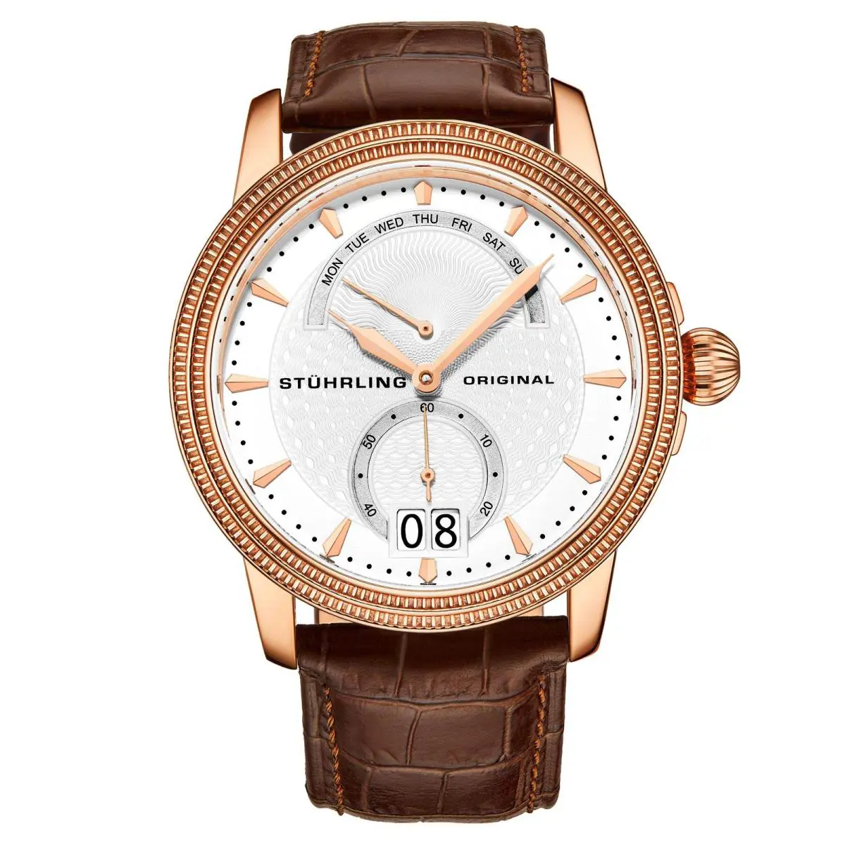 Stuhrling Symphony Brown/leather/silver Dial/rose Case Silver Dial Wristwatch 788.06