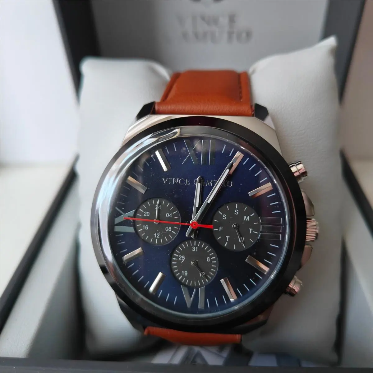 Men`s Chronograph Watch Blue Three Dial Brown Vegan Leather Strap by Vince Camuto