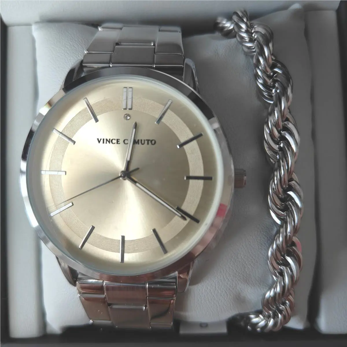 Men Stainless Steel Analog Silver Watch Bracelet Set Gold Tone Dial by Vince Camuto