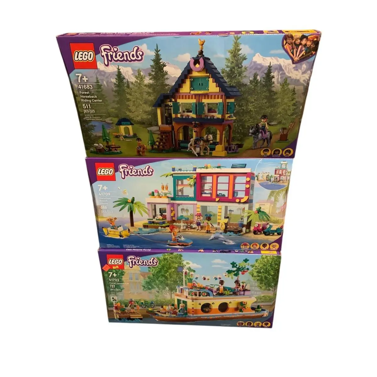 3 Lego Friends Sets. Riding Center 41683 Beach House 41709 Houseboat 41702