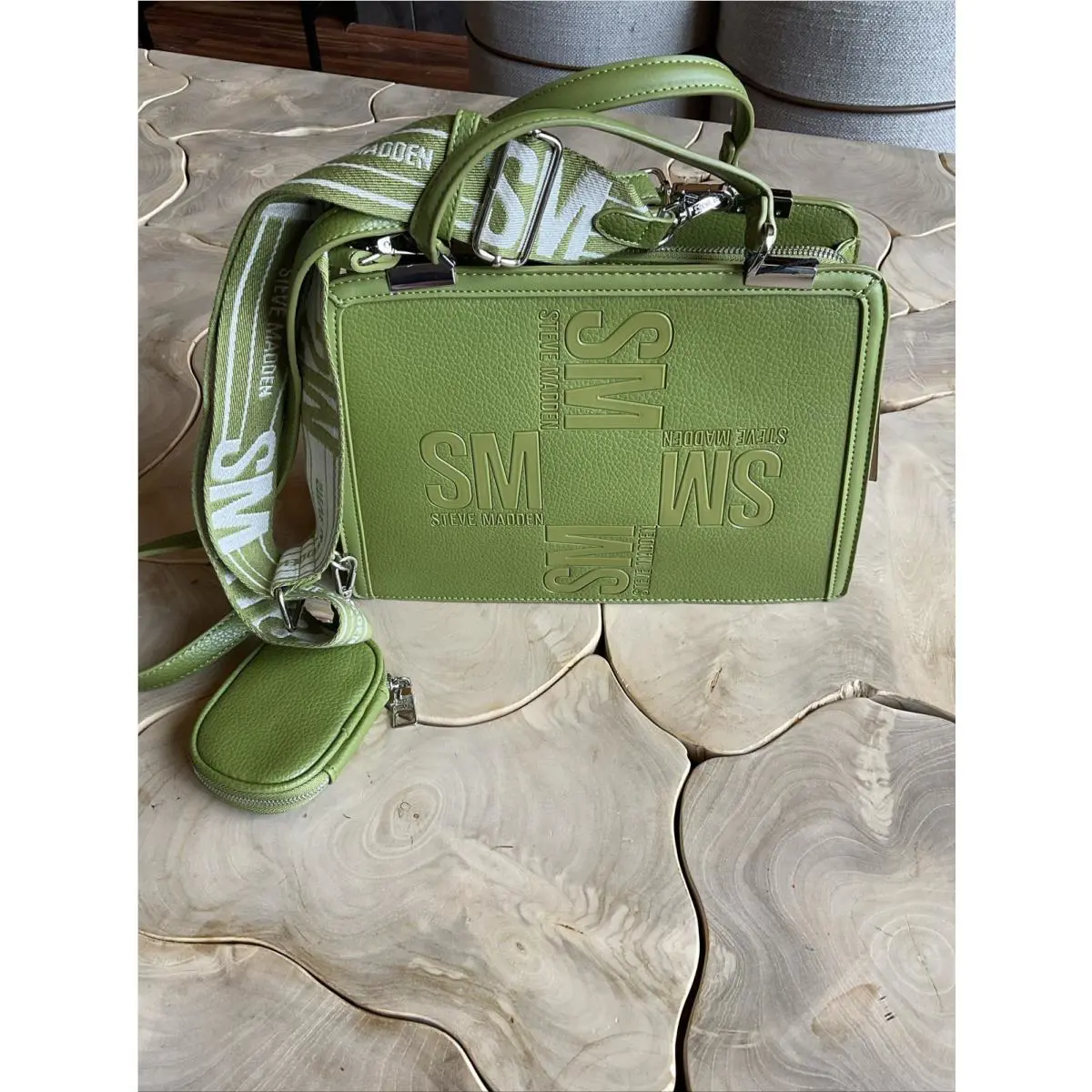 Steve Madden Green Crossbody Pebbled Leather Satchel 2 Strap Options Logo