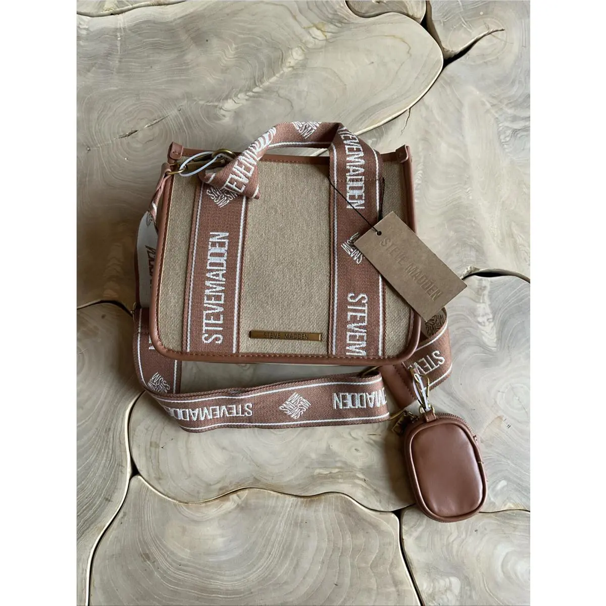 Steve Madden Khaki Denim Crossbody Satchel Brown Tan Logo Strap Bwebber Purse