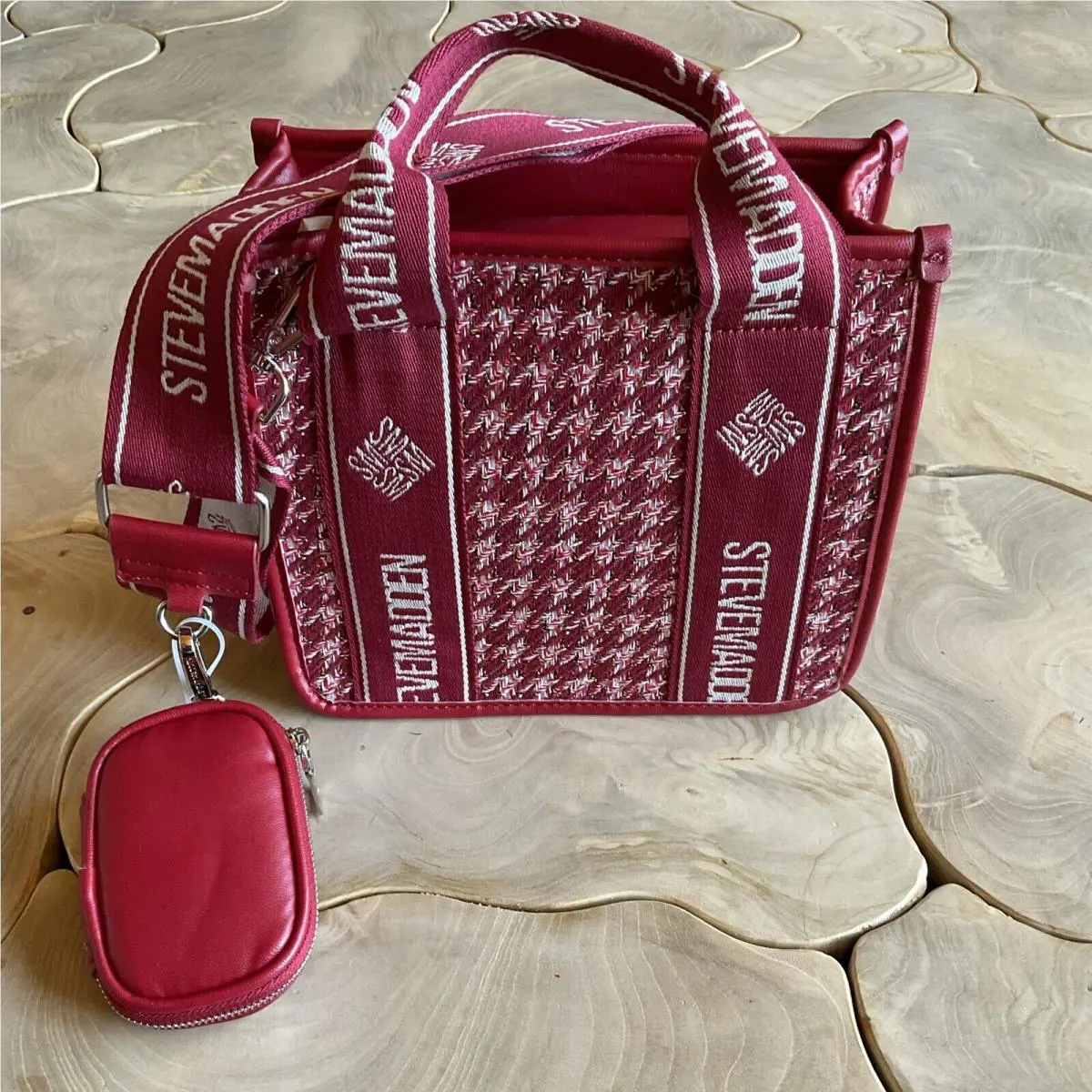 Steve Madden Red Tweed Crossbody Satchel Purse Handbag Crimson Red Bwebber